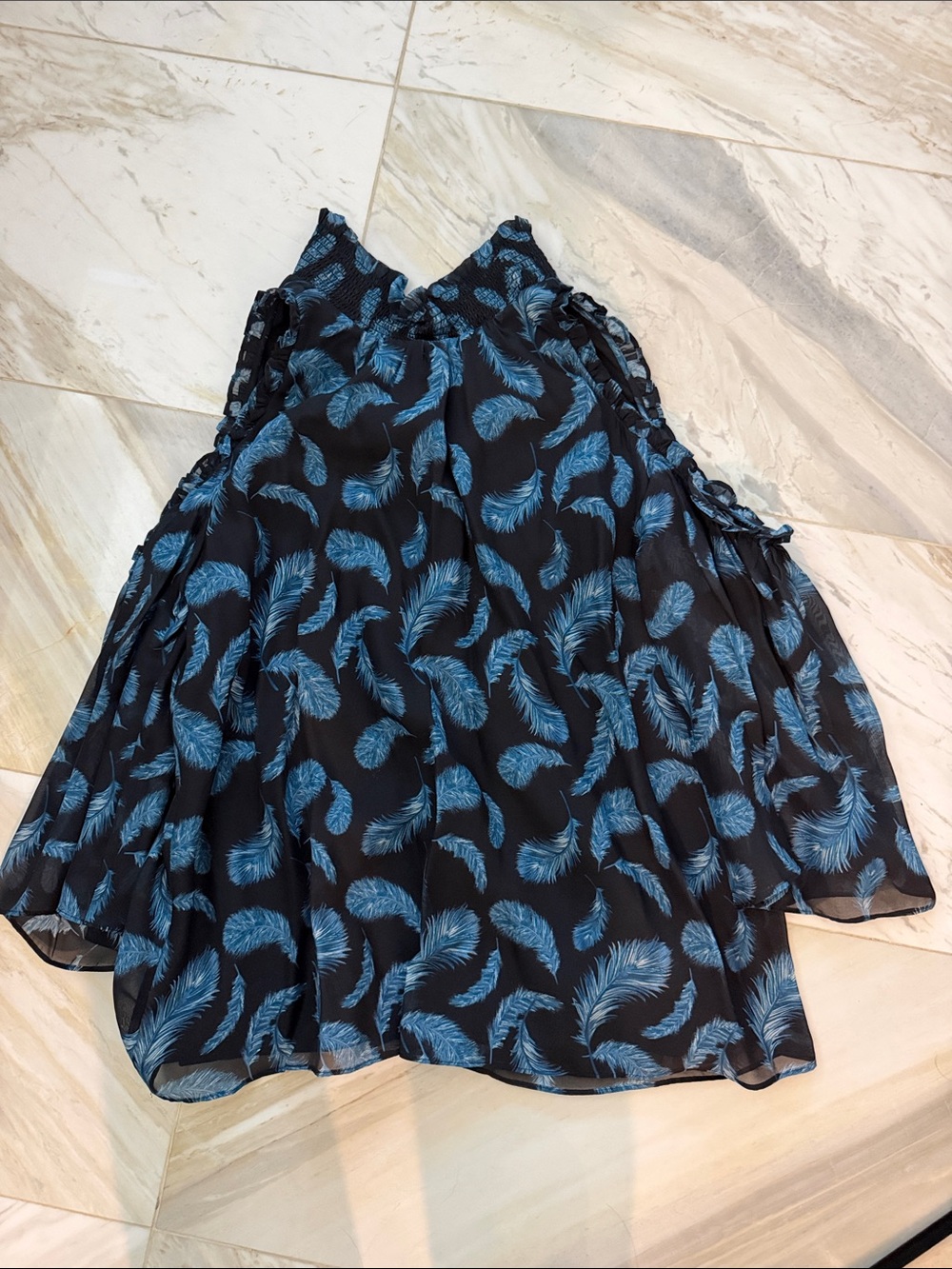 Rachel Zoe Black Shirt with Blue Feather Print and cold shoulder